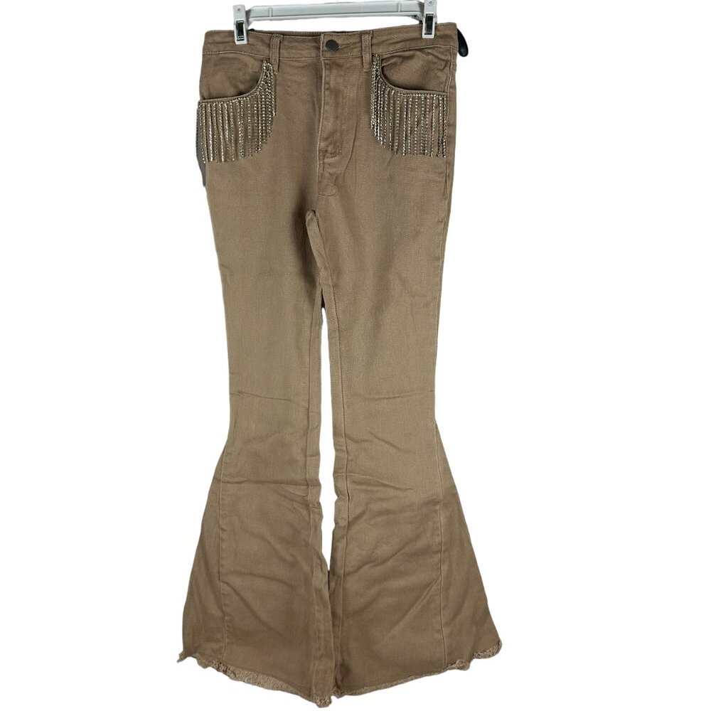 Blue B Womens Beige High-Waisted Flare Pants Rhinestone Fringe Pockets Size S